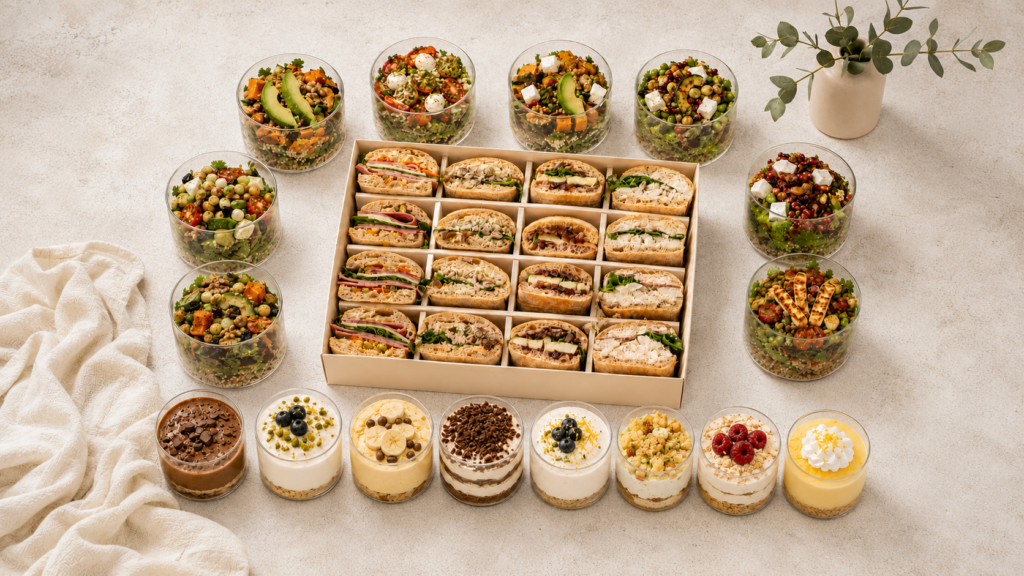 EatJoy catering package in Amman with ShareBox, salad cups and dessert cups